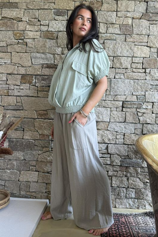 Basso Button Drape Cap Sleeve Shirt Soft Sage